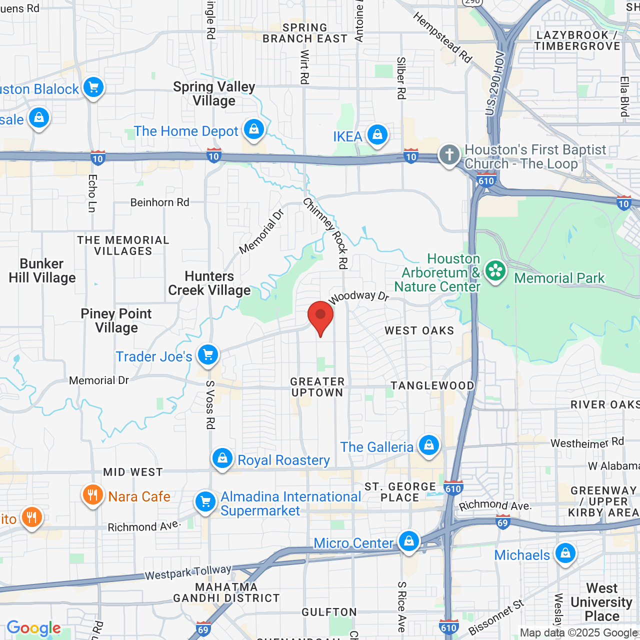 Google map image of our location in 1011 Augusta Dr Houston, TX